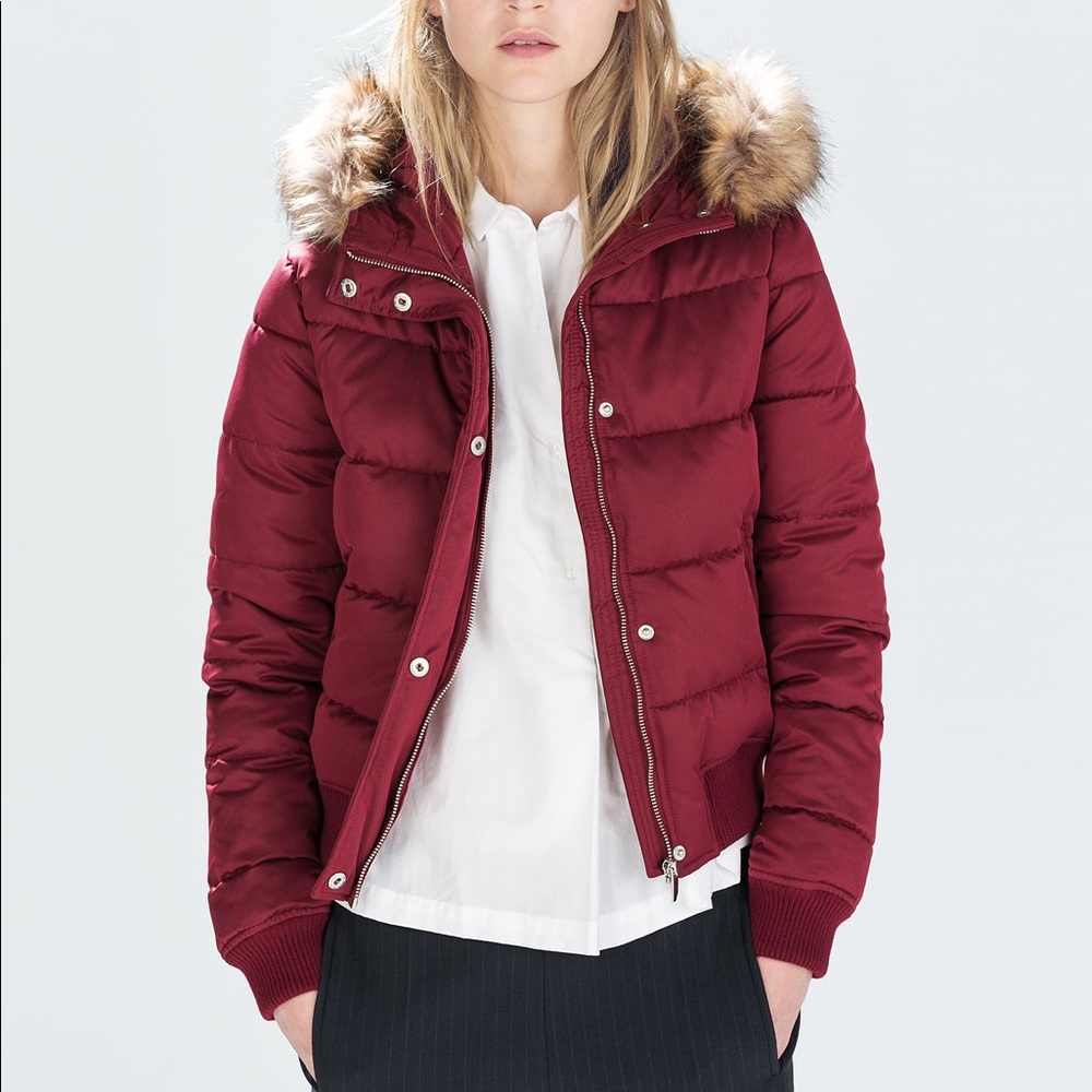 Zara red puffer bomber jacket.